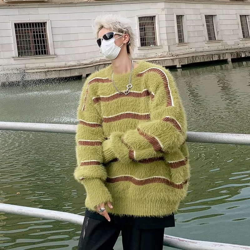 Niche Design Sense Contrast Color Striped Imitation Mink Fleece Crewneck Sweater Men'S Lazy Fashion Brand Ins Loose Trendy Sweater - Image 4